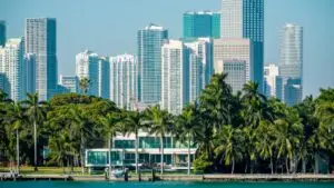 Small business owner in Miami reviewing local SEO rankings and bilingual ad results on a laptop
